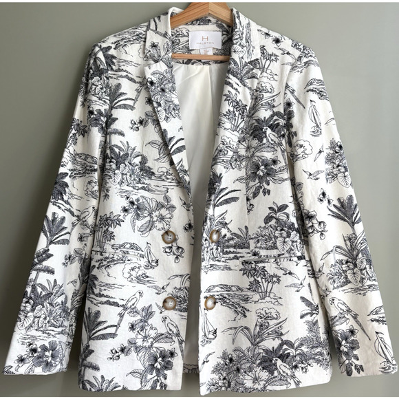 H by HALSTON Medium Linen Blend Blazer Jacket Cream Black Tropical Print Office - Picture 1 of 16